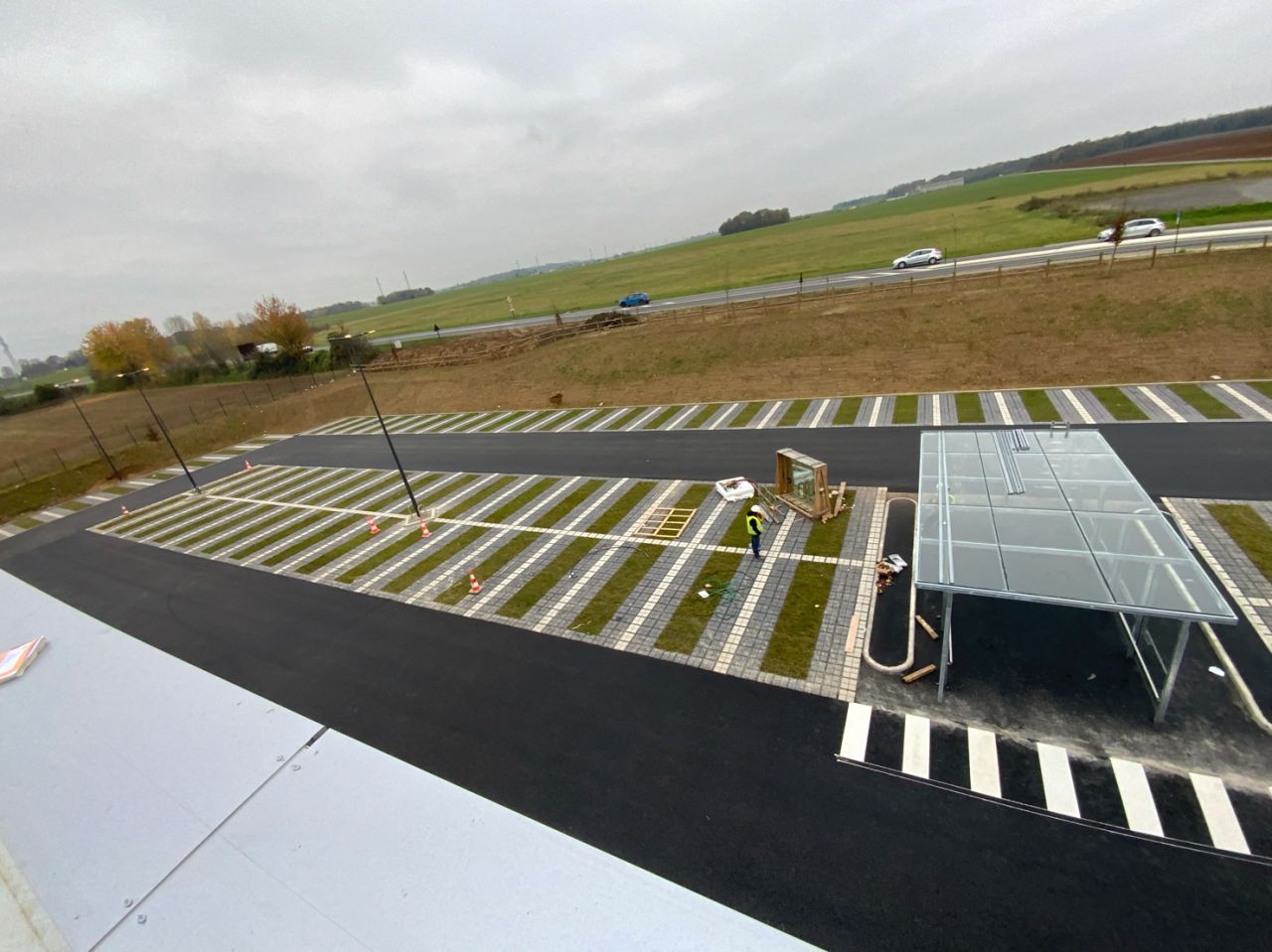 Chantier magasin Lidl — vue aérienne parking